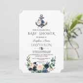 Nautical Pink Blush Blue Floral Anchor Baby shower Kaart (Staand voorkant)
