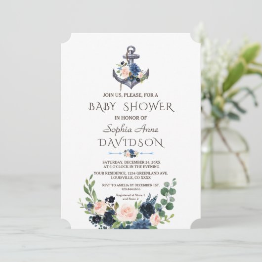 Nautical Pink Blush Blue Floral Anchor Baby shower Kaart (Staand voorkant)