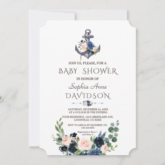 Nautical Pink Blush Blue Floral Anchor Baby shower Kaart (Voorkant)