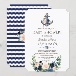 Nautical Pink Blush Blue Floral Anchor Baby shower Kaart