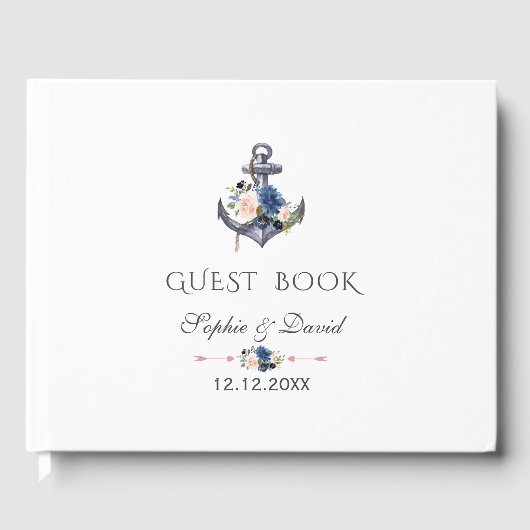 Nautical Pink Blush Blue Floral Anchor Wedding Gastenboek (Voorkant)