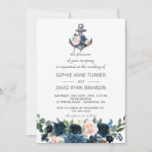 Nautical Pink Blush Blue Floral Anchor Wedding Kaart (Voorkant)