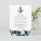 Nautical Pink Blush Blue Floral Anchor Wedding Kaart (Staand voorkant)