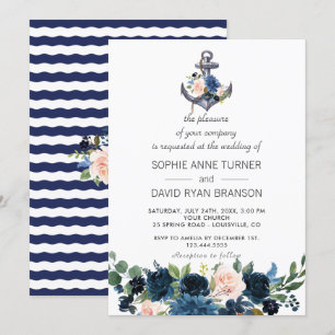 Nautical Pink Blush Blue Floral Anchor Wedding Kaart