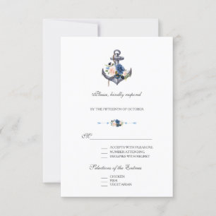 Nautical Pink Blush Blue Floral Anchor Wedding RSVP Kaartje