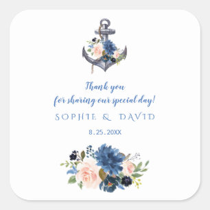 Nautical Pink Blush Blue Floral Anchor Wedding Vierkante Sticker