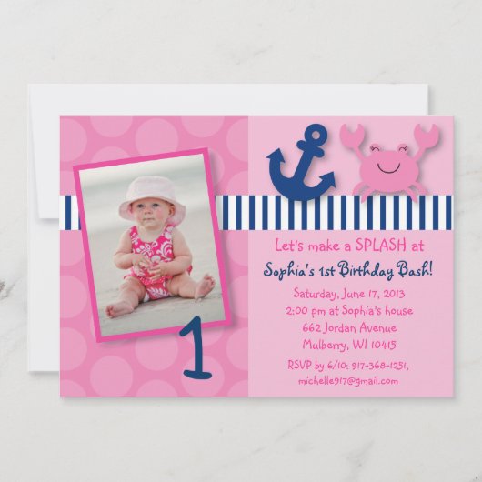 Nautical Pink Crab Birthday Invitations Kaart (Voorkant)