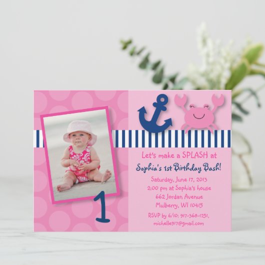 Nautical Pink Crab Birthday Invitations Kaart (Staand voorkant)
