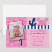 Nautical Pink Crab Birthday Invitations Kaart (Voorkant / Achterkant)