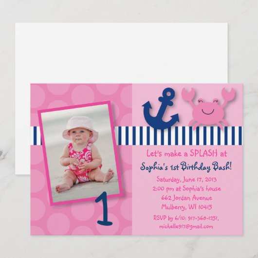 Nautical Pink Crab Birthday Invitations Kaart (Voorkant / Achterkant)