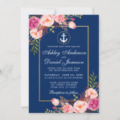 Nautical Pink Floral Blue Gold Wedding Kaart (Voorkant)