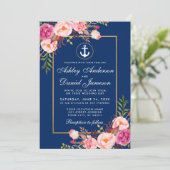 Nautical Pink Floral Blue Gold Wedding Kaart (Staand voorkant)