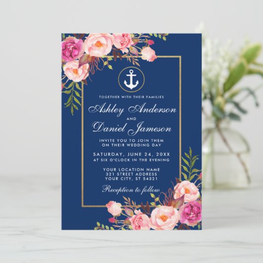 Nautical Pink Floral Blue Gold Wedding Kaart (Staand voorkant)