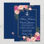 Nautical Pink Floral Blue Gold Wedding Kaart (Voorkant / Achterkant)