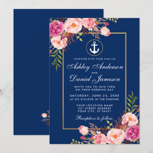 Nautical Pink Floral Blue Gold Wedding Kaart (Voorkant / Achterkant)