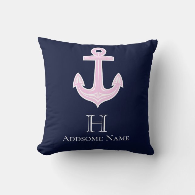 Nautical Pink Grey Anchor Coastal Monogramed Kussen (Voorkant)