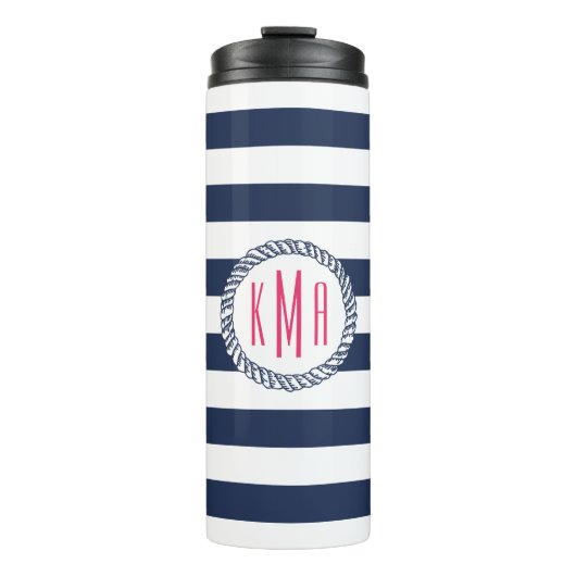 Nautical Pink & Navy Preppy Stripe Monogram Thermosbeker (Voorkant)