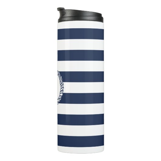 Nautical Pink & Navy Preppy Stripe Monogram Thermosbeker (Geroteerd rechts)