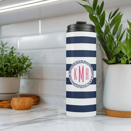 Nautical Pink & Navy Preppy Stripe Monogram Thermosbeker