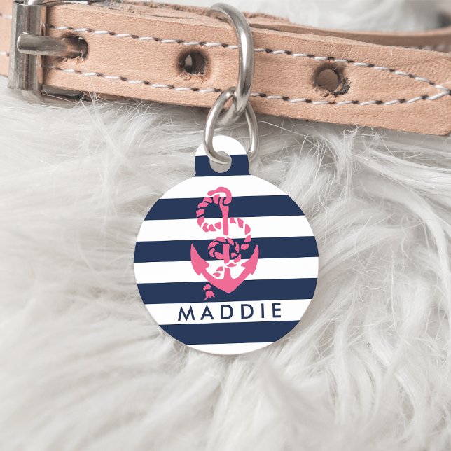 Nautical Pink & Navy Stripe Anchor Gepersonaliseer Huisdierpenning (Creator heeft geüpload)