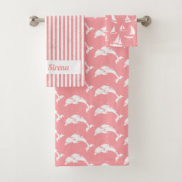Nautical Pink Patterned Dolphin and Sailing Bad Handdoek