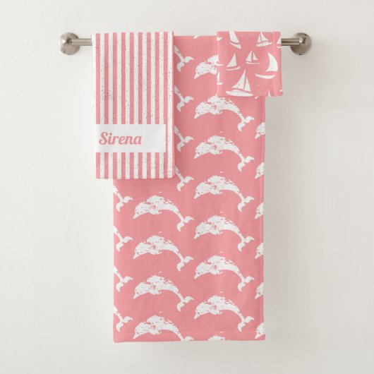 Nautical Pink Patterned Dolphin and Sailing Bad Handdoek (Insitu)
