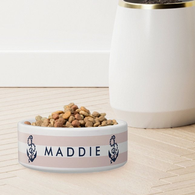 Nautical Pink Stripe Anchor Aangepast Voerbakje (Creator heeft geüpload)