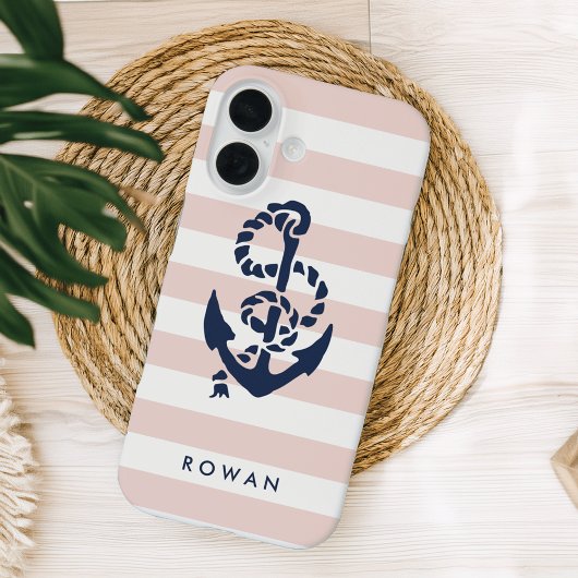 Nautical Pink Stripe & Navy Anchor Specialized Case-Mate iPhone Case