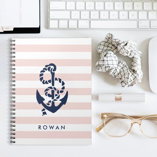 Nautical Pink Stripe & Navy Anchor Specialized Notitieboek