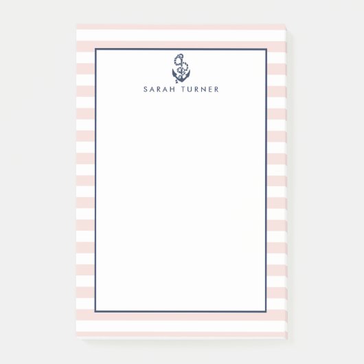 Nautical Pink Stripe & Navy Anchor Specialized Post-it® Notes (Voorkant)