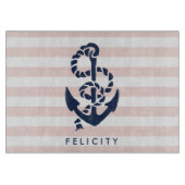 Nautical Pink Stripe & Navy Anchor Specialized Snijplank (Voorkant)