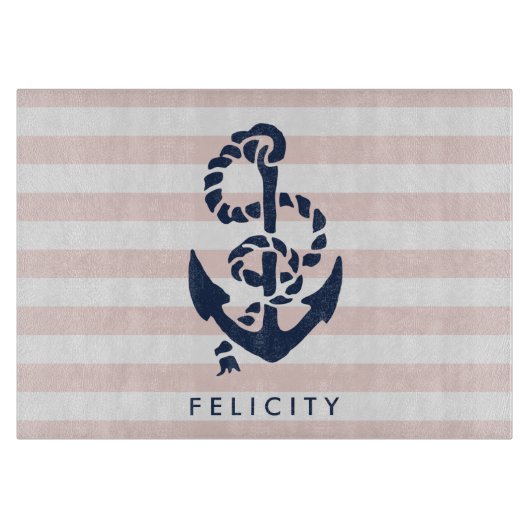 Nautical Pink Stripe & Navy Anchor Specialized Snijplank (Voorkant)