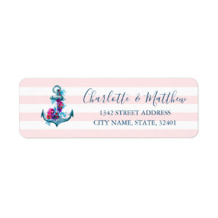 Nautical Pink Stripes Waterverf Anchor Wedding Etiket