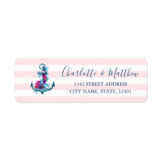 Nautical Pink Stripes Waterverf Anchor Wedding Etiket (Voorkant)
