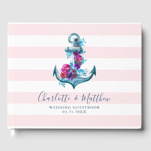 Nautical Pink Stripes Waterverf Anchor Wedding Gastenboek (Voorkant)