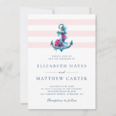 Nautical Pink Stripes Waterverf Anchor Wedding Kaart (Voorkant)