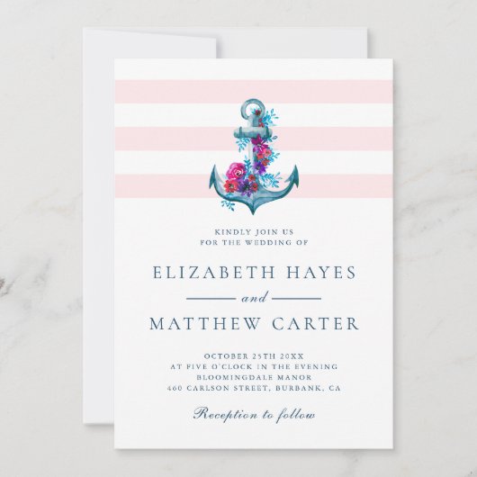 Nautical Pink Stripes Waterverf Anchor Wedding Kaart (Voorkant)