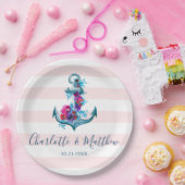 Nautical Pink Stripes Waterverf Anchor Wedding Papieren Bordje (Feest)