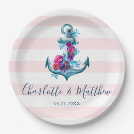 Nautical Pink Stripes Waterverf Anchor Wedding Papieren Bordje