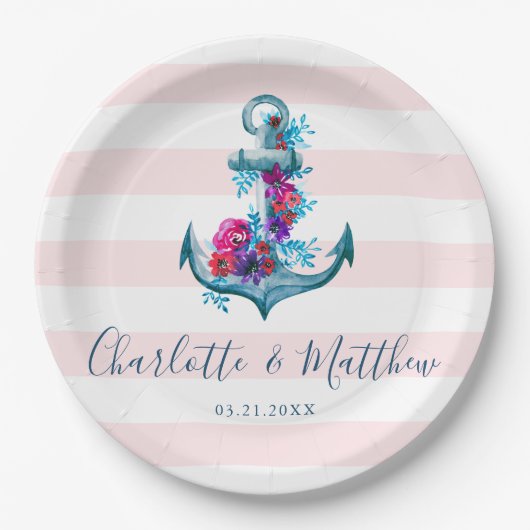 Nautical Pink Stripes Waterverf Anchor Wedding Papieren Bordje (Voorkant)