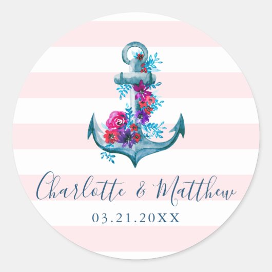 Nautical Pink Stripes Waterverf Anchor Wedding Ronde Sticker (Voorkant)