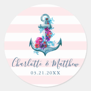 Nautical Pink Stripes Waterverf Anchor Wedding Ronde Sticker