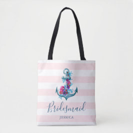 Nautical Pink Stripes Waterverf Anker Bruidsmeisje Tote Bag