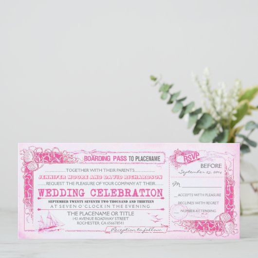 Nautical Pink Wedding Invitation Boarding Pass Kaart (Staand voorkant)