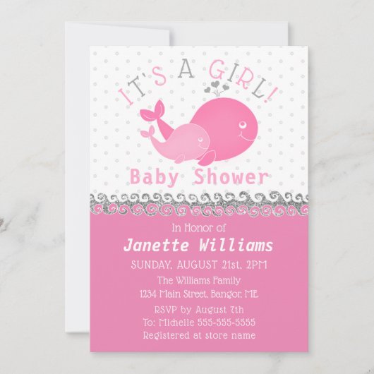 Nautical Pink Whale Het is een meisje Baby shower Kaart (Voorkant)