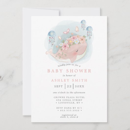 Nautical Pink Whale Jellyfish Girl Baby shower Kaart (Voorkant)