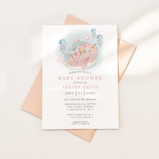 Nautical Pink Whale Jellyfish Girl Baby shower Kaart