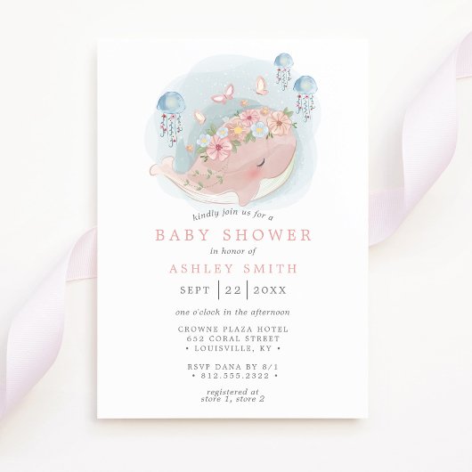 Nautical Pink Whale Jellyfish Girl Baby shower Kaart