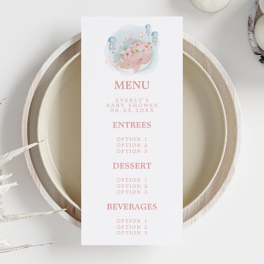 Nautical Pink Whale Jellyfish Girl Baby shower Menu