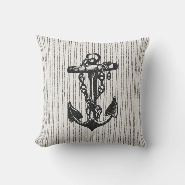 Nautical Pinstriped Anchor Black Outdoor Pillow Buitenkussen (Voorkant)